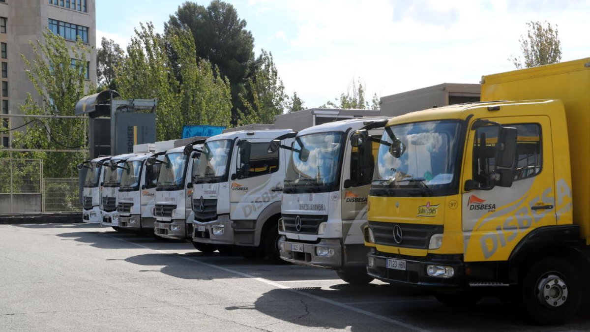 Imatge de camions de repartiment estacionats al centre de repartiment de Disbesa a Sant Joan Despí