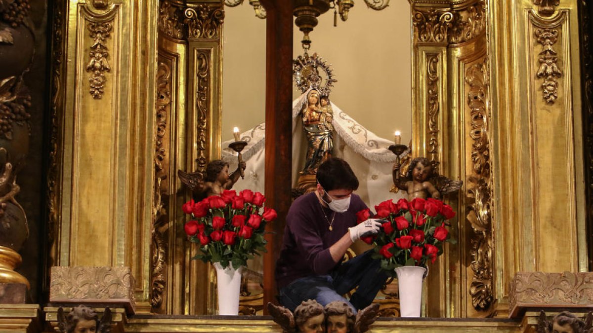 La primera serie de flores ya fue colocada ayer en torno a la virgen.