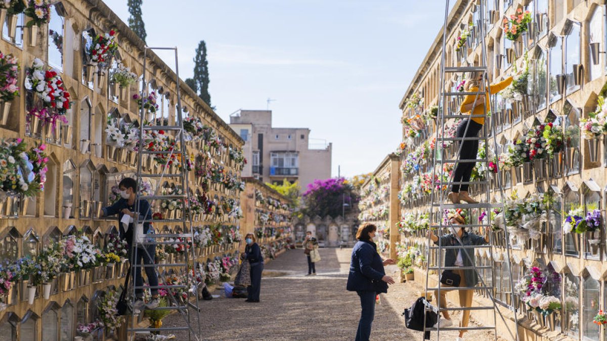 Aspecte que oferia ahir dijous al matí un dels carrers del cementiri de Tarragona, amb molta gent condicionant els nínxols.