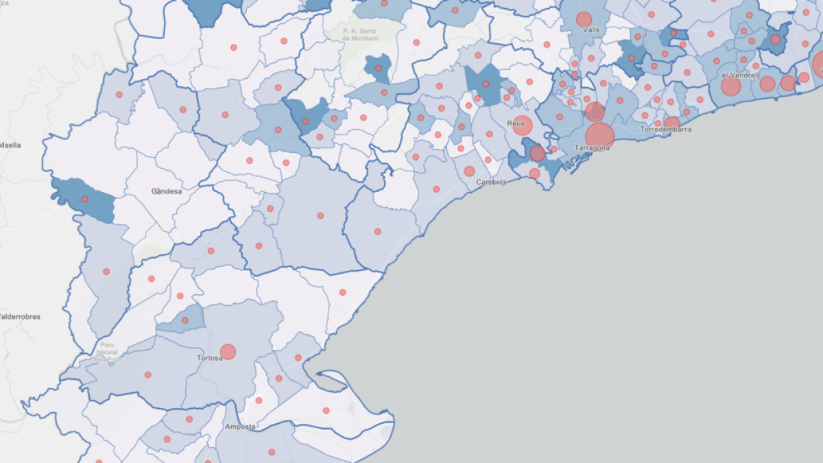 Imatge del mapa que mostra els casos detectats a la demarcació de Tarragona.