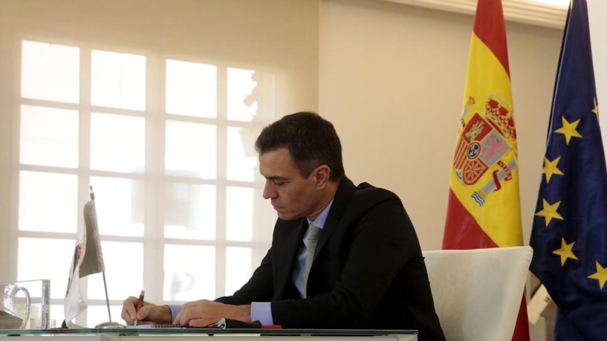 Pla mig del president del govern espanyol, Pedro Sánchez, participant a la cimera telemàtica del G20