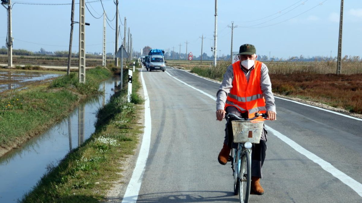 Una persona en bicicleta por la carretera entre el Poble Nou del Delta y Sant Carles de la Ràpita.