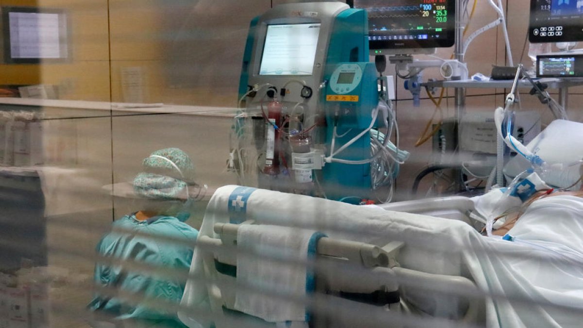 Una enfermera mirándose una máquina con el filtro Seraph 100 después de ser utilizado para filtrar la sangre de un paciente con covid-19 ingresado en el UCI de Vall d'Hebron.