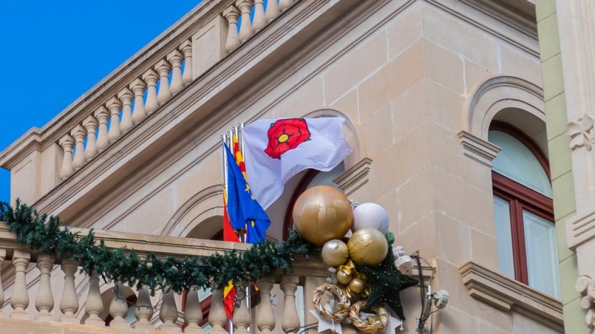 Les banderes estan ubicades a l'extrem superior del palau consistorial.