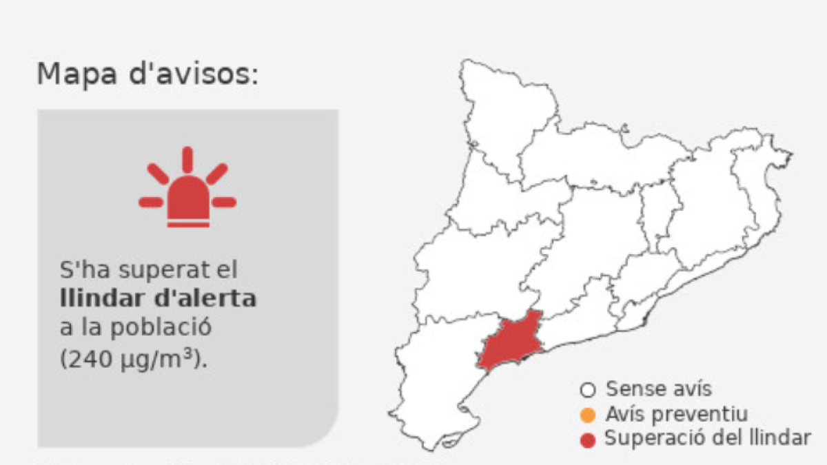 Mapa d'avisos on s'indica que Tarragona ha superat el llindar de seguretat