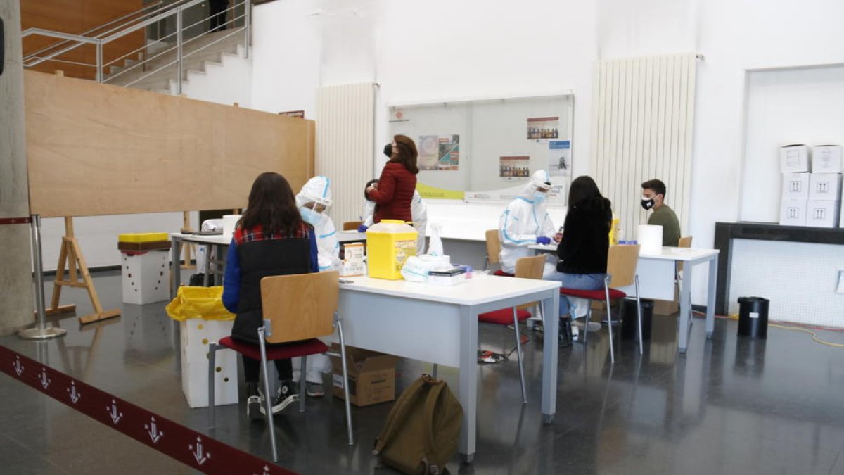 Estudiants i professorat de la Universitat de Lleida durant el cribatge massiu.