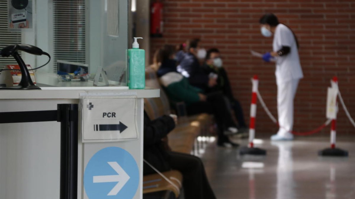 Una enfermera atendiendo pacientes a la CABEZA|CABO|JEFE de Montblanc, con carteles indicando las pruebas PCR.