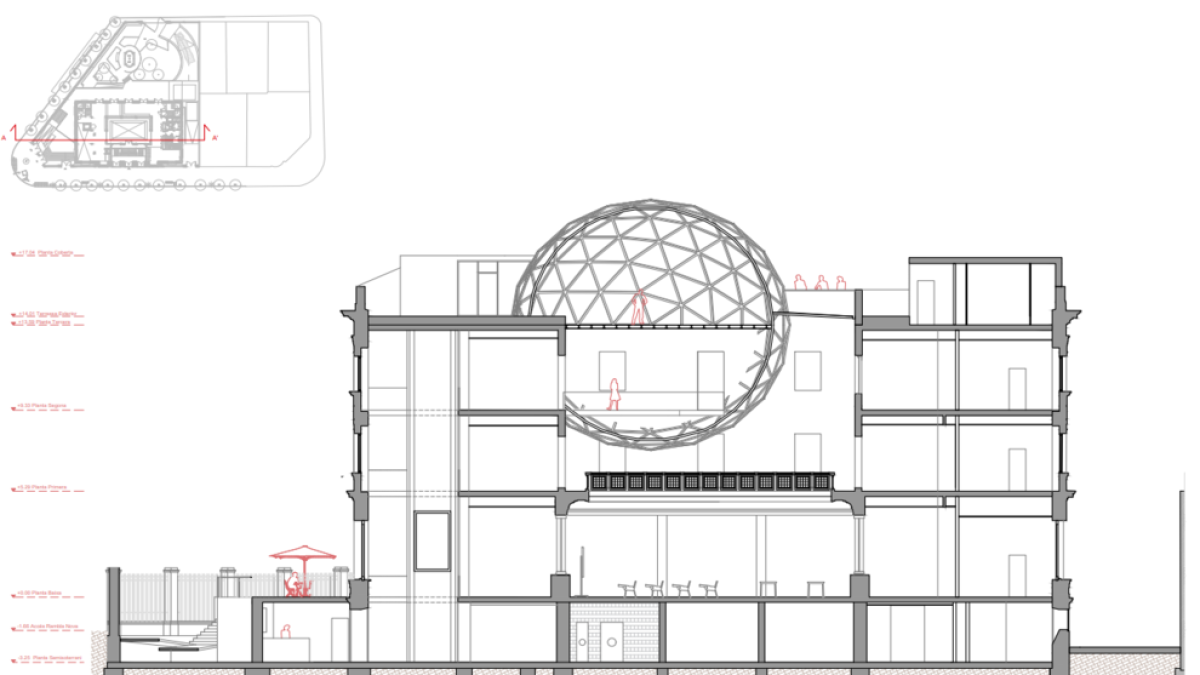 Plànol de com hauria de ser la remodelació interior de l'edifici, amb una gran esfera de tres pisos.