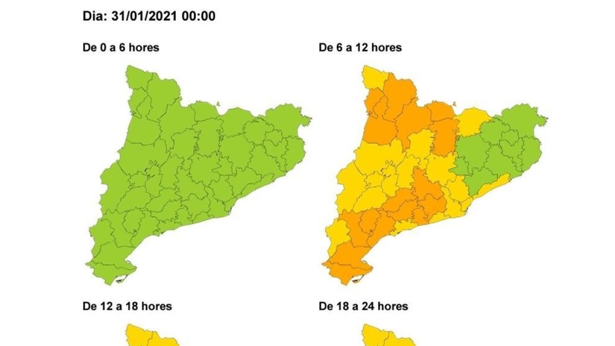 Mapa del riesgo por fuertes vientos en las próximas horas.