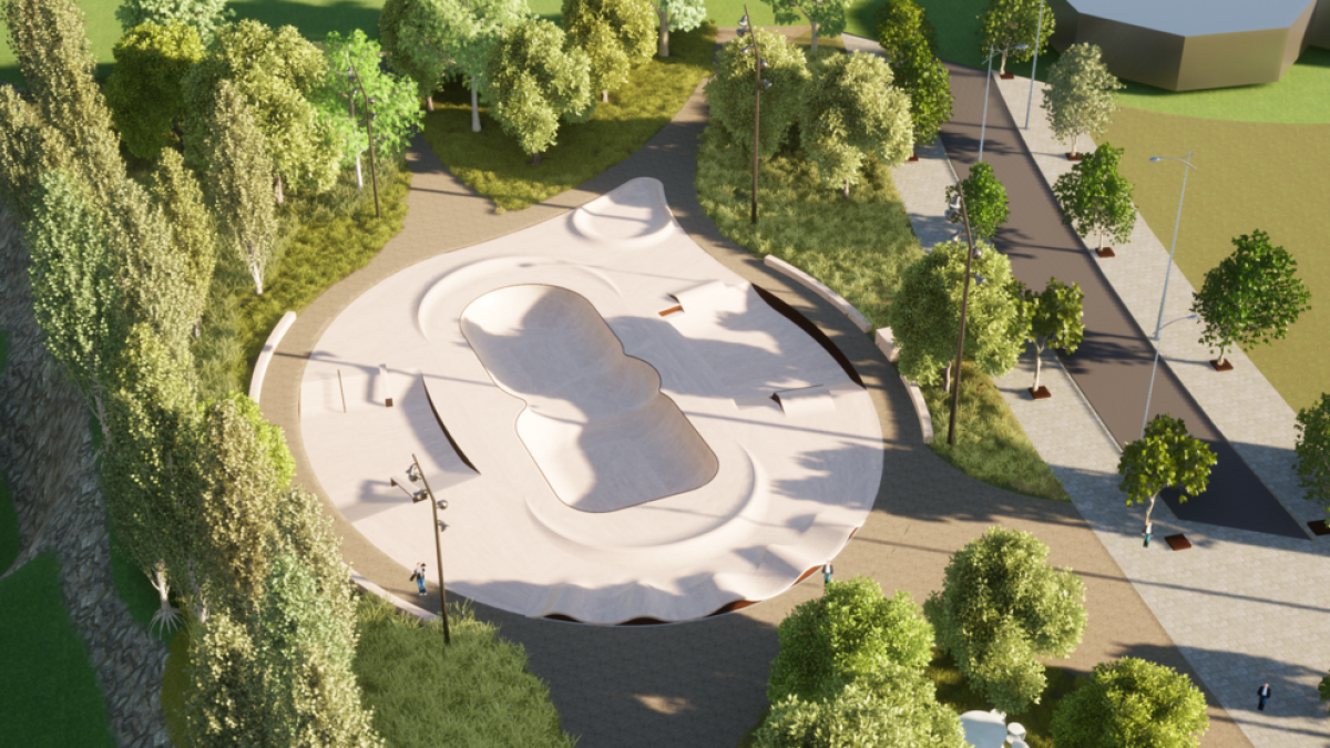 L'aspecte que tindrà l'àmbit dedicat a l'skatepark, amb diferents elements i envoltat per vegetació.