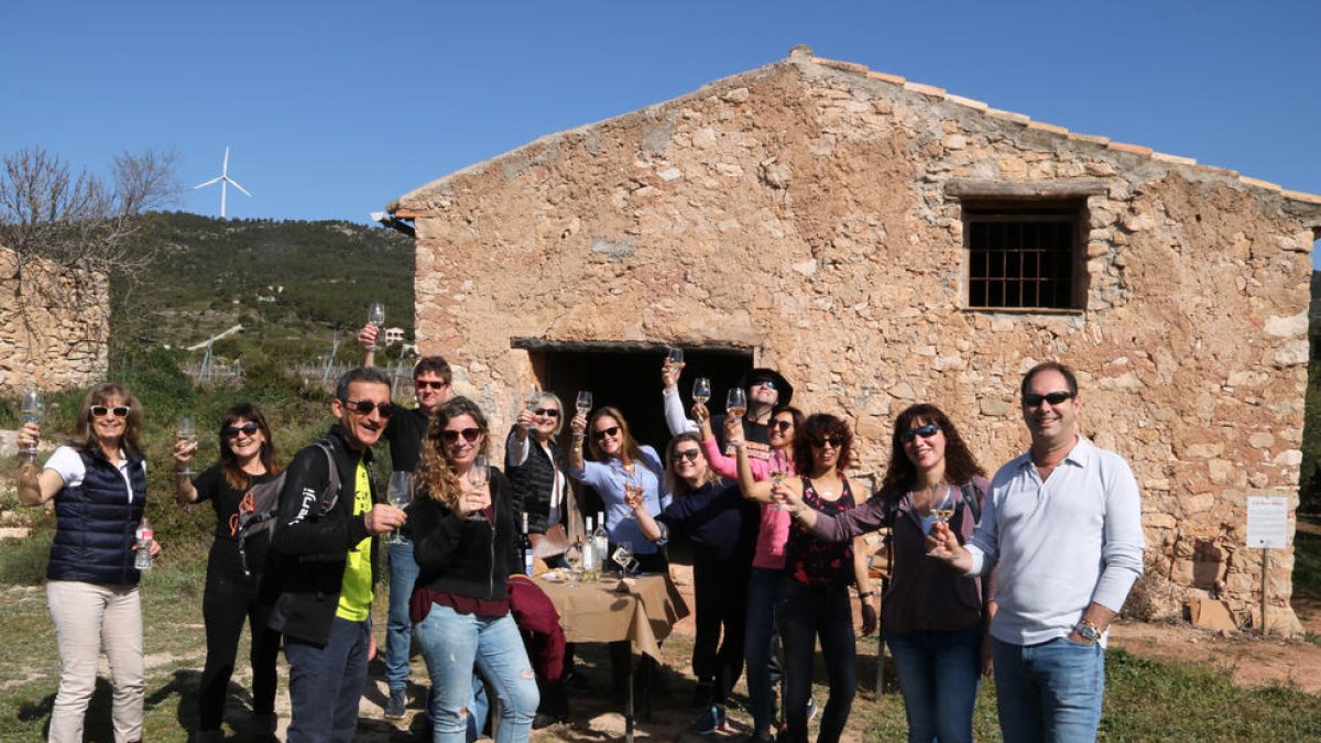 Un grupo de personas brindando con las copas de vino durante una de las actividades enoturístiques a la bodega Mas Vicenç de la DO de Tarragona.