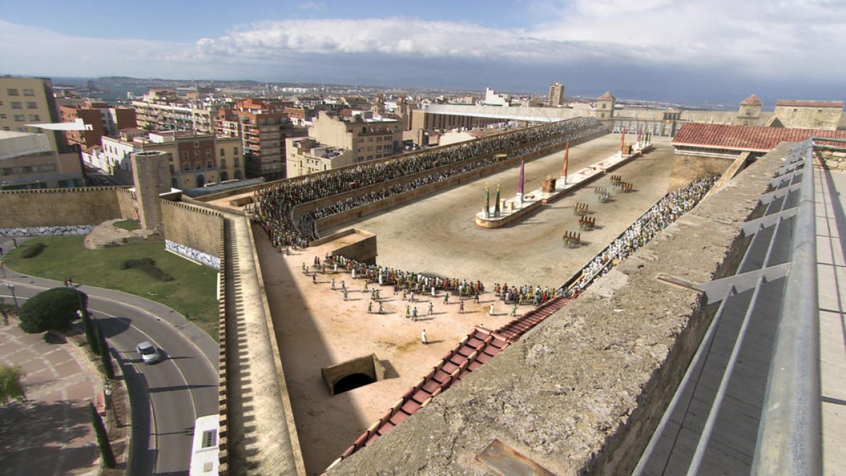 Recreació virtual del Circ romà sobre l'actual Tarragona.