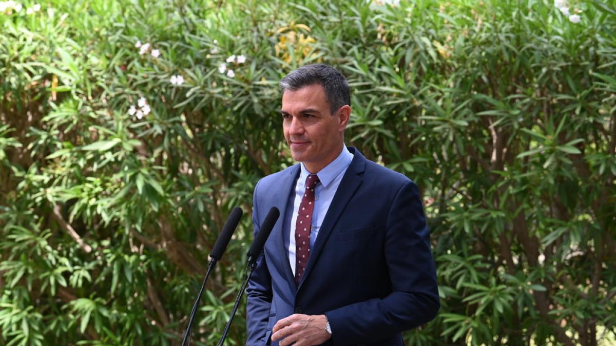 Plano medio del presidente del gobierno español, Pedro Sánchez, en rueda de prensa después de reunirse con Felipe VI en Mallorca.