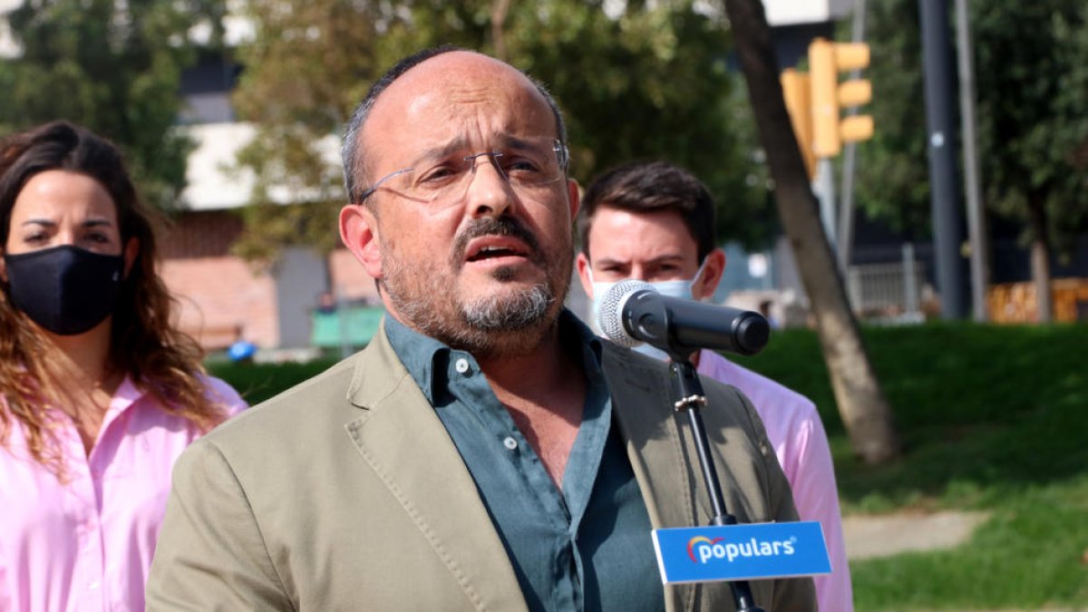 El president del PP a Catalunya, Alejandro Fernández, durant l'acte del partit de l'Onze de Setembre del 2021.