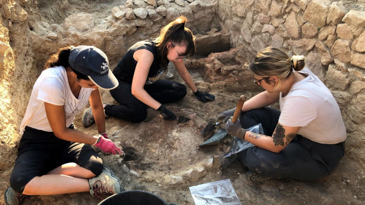 Unes arqueòlogues excavant una llar de foc de l'estança; al fons, l'estructura de la cuina grega del segle VI aC.