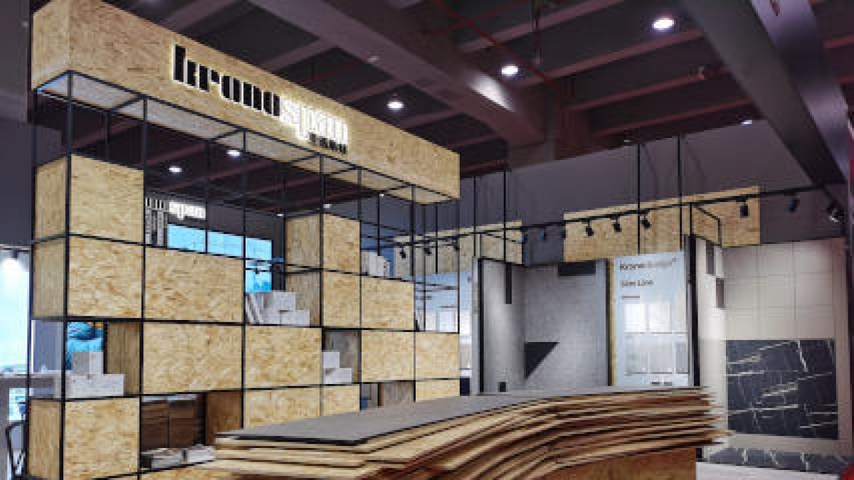 Un escaparate de material de la empresa Kronospan en la feria Interzum Guangzhou 2021.