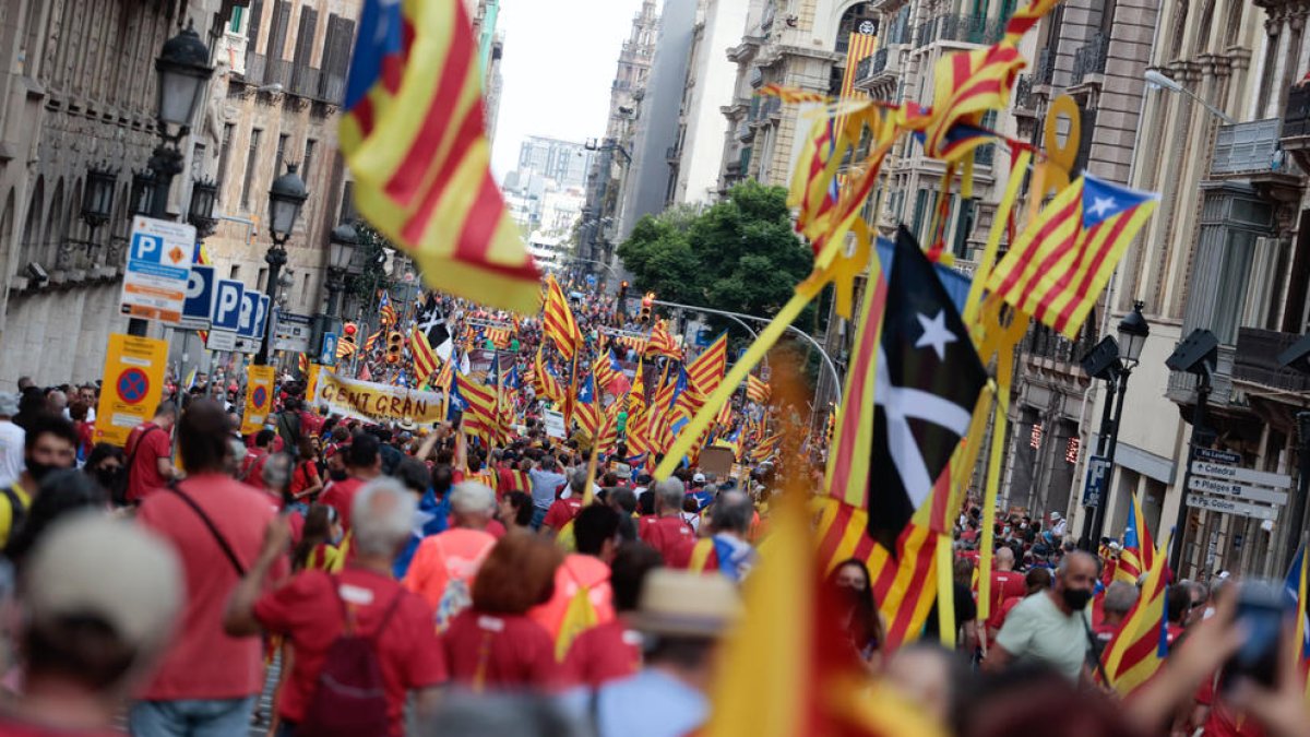 La manifestació organitzada per l'ANC, al punt de Via Laietana, l'11 de setembre del 2021.