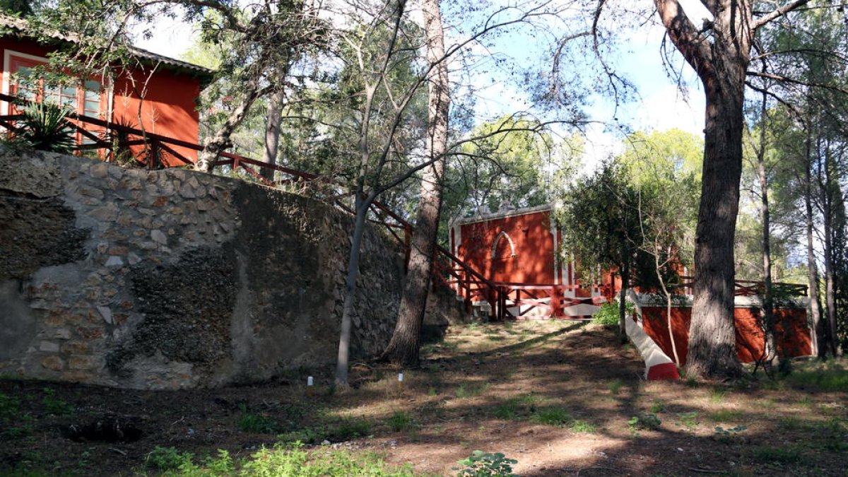 Imatge d'alguns dels antics pavellons de l'Observatori de l'Ebre entre els arbres i el bosc que l'acullen.