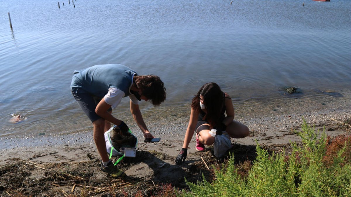 Dos voluntarios fotografiando residuos durante la acción hecha a la bahía de los Alfacs.