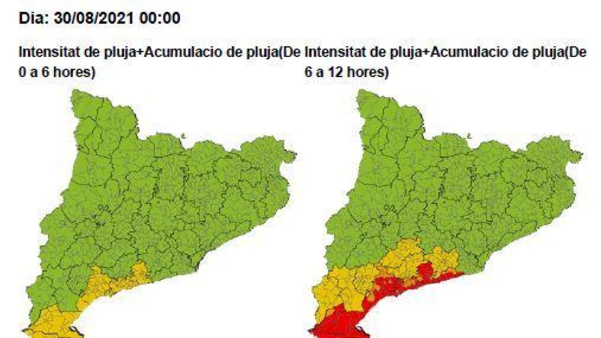 Mapa de intensidad de lluvia donde se puede ver que la demarcación de Tarragona sufrirá intensas precipitaciones.