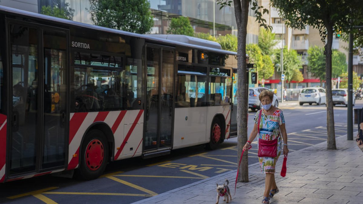 Una señora pasea su perro por el centro de Tarragona mientras pasa un autobús.