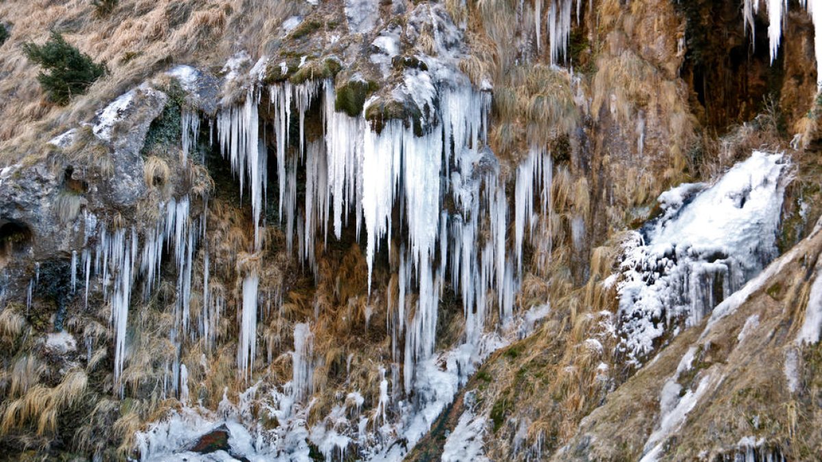 Las esculturas de hielo|gel que se forman en la Platería (Pallars Sobirà) por|para el frío este enero.