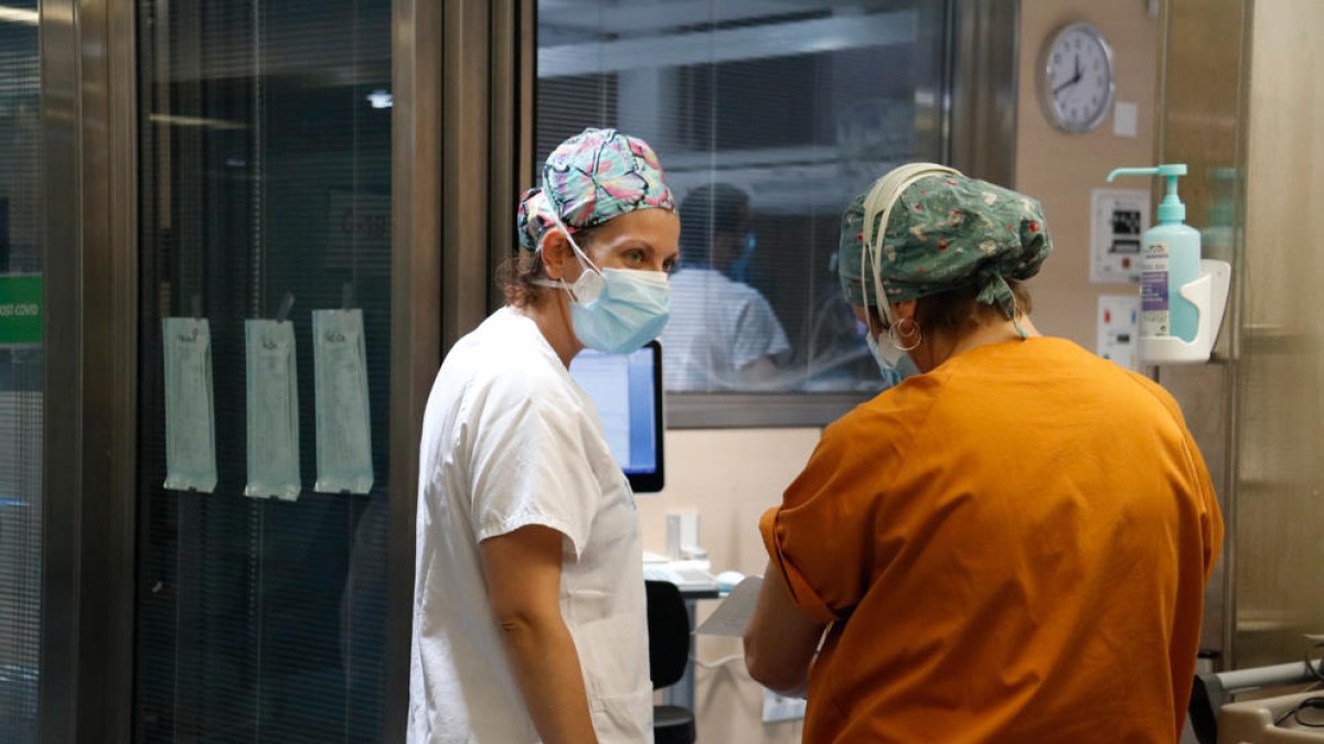 Professionals sanitàries treballant a l'UCI de Vall d'Hebron atenent pacients ingressats per covid.