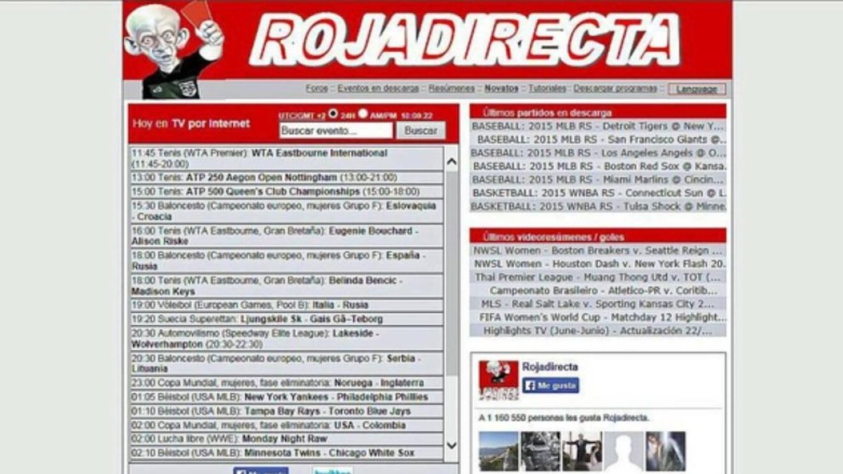 Captura de pantalla de la pàgina web il·legal Rojadirecta.