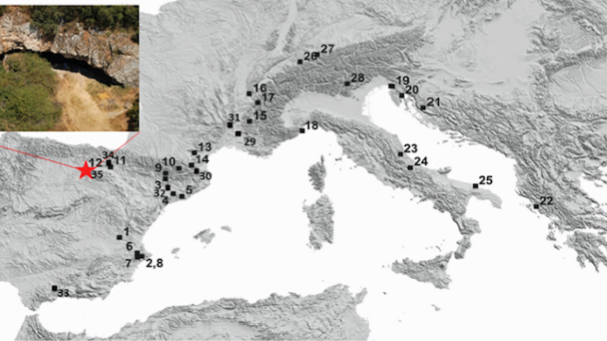 Ubicació de diversos jaciments amb seqüència de fumier al llarg de la conca mediterrània (modificat d'Angelucci et al., 2009).