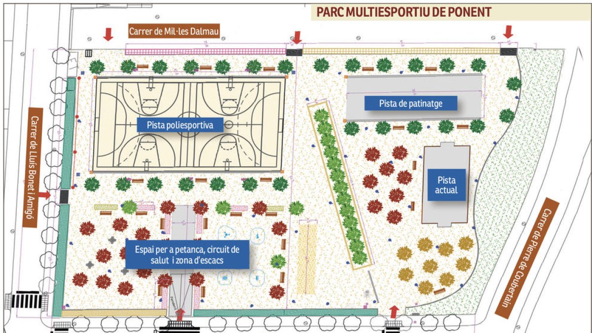 Plano de los diferentes espacios del futuro parque multideportivo de Ponent para los vecinos de Albada y Parc Riuclar.