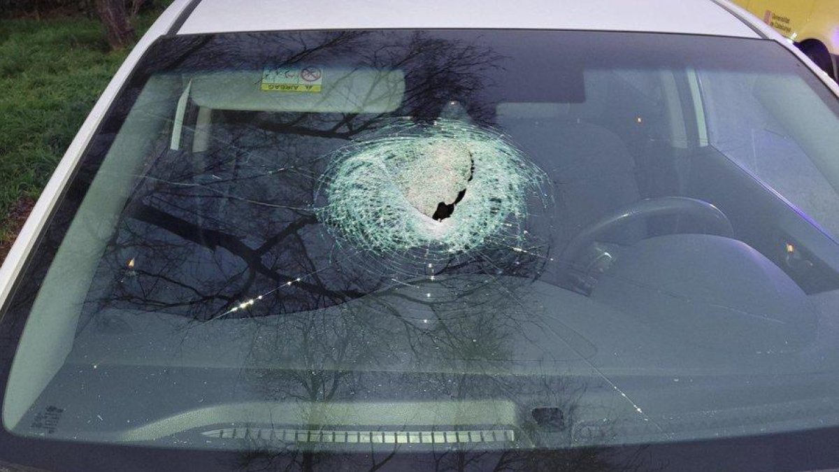 Un automóvil con el parabrisas roto presuntamente por la acción de una piedra lanzada por un joven desde un puente del AP-7