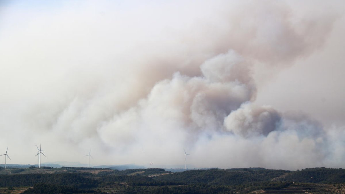 Columna de fum de l'incendi de Corbera d'Ebre al costat de dos aerogeneradors.