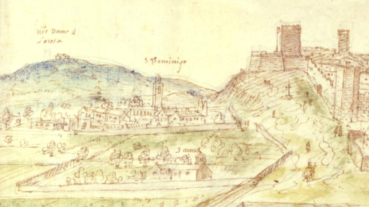 Dibujo de Anton van den Wyngaerde en que se ven el convento de Santa Anna y el de San Domènec.