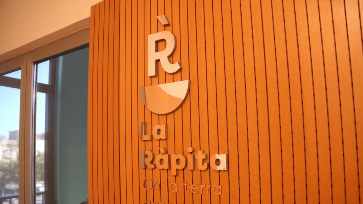 Logotip de 'La Ràpita' a la paret del saló de plens de l'Ajuntament de Sant Carles de la Ràpita.