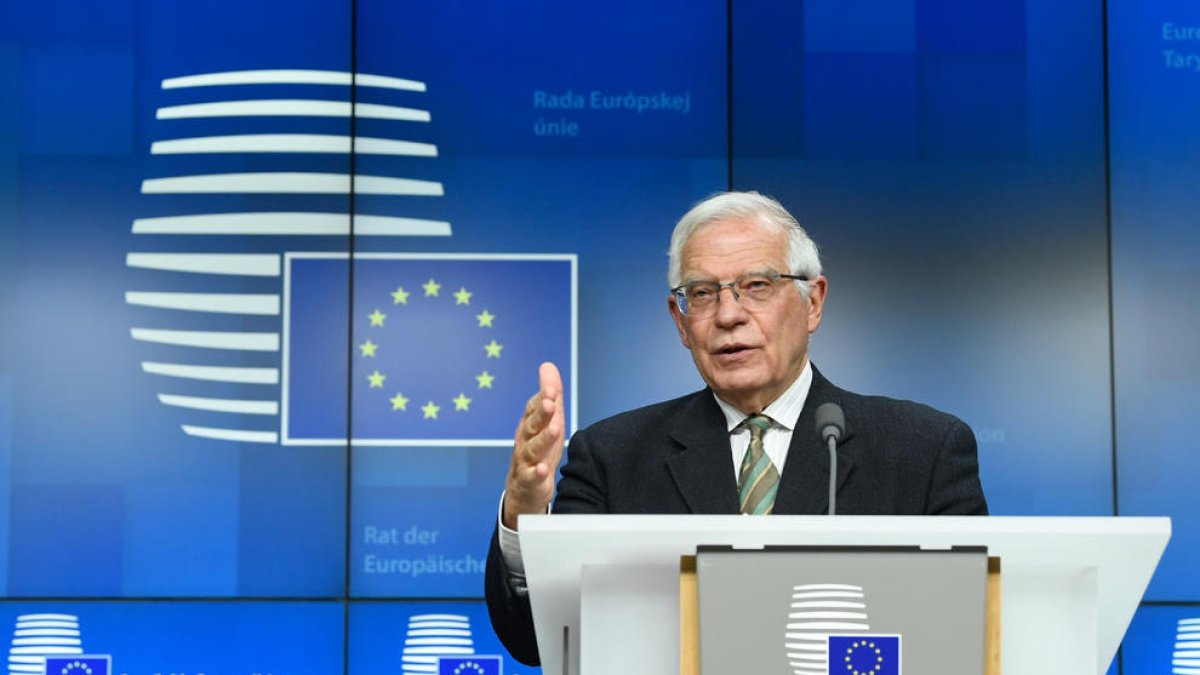 L'alt representant de la UE, Josep Borrell, en una roda de premsa després del Consell d'Afers Exteriors.