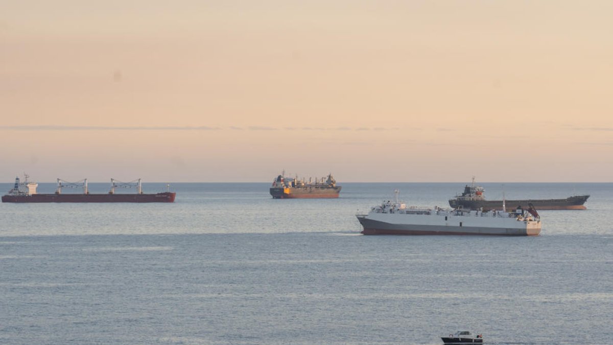 Imatge d'ahir dels vaixells al port esperant desembarcar.
