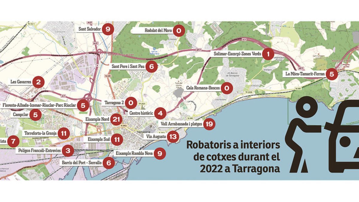 Mapa dels robatoris a cotxes durant el 2022 a Tarragona.