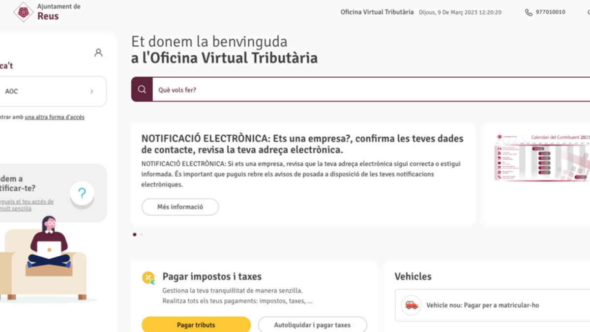 Portada de la nova Oficina Virtual Tributària de l'Ajuntament de Reus.