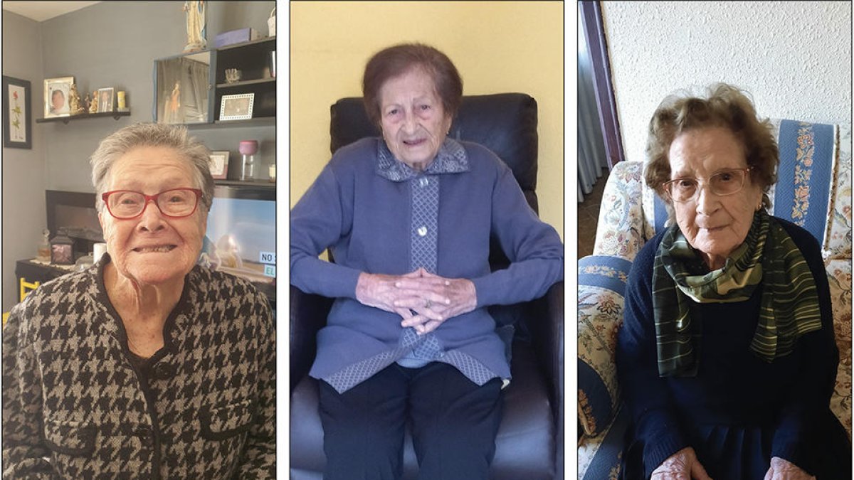 Luz Divina Sánchez Sancho, Maria Civit Dalmau i Maria Ferré Amorós, les tres veïnes de Pira que tenen 99 anys.