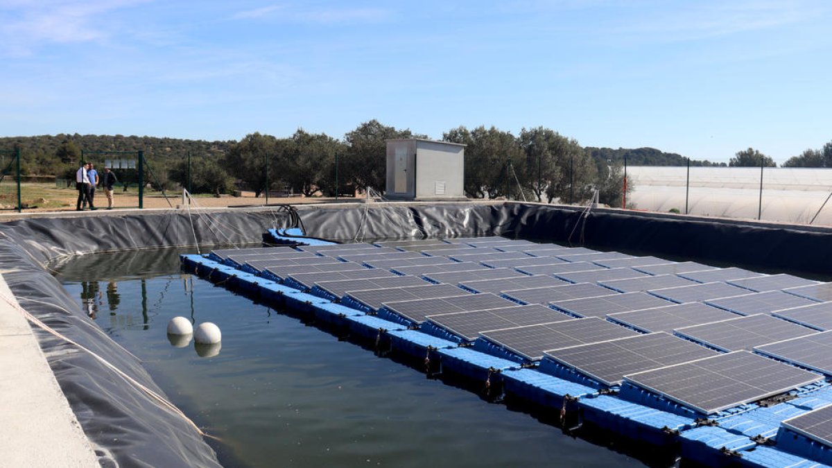 La planta fotovoltaica flotant instal·lada en un embassament de l'empresa Atens a la Riera de Gaià.