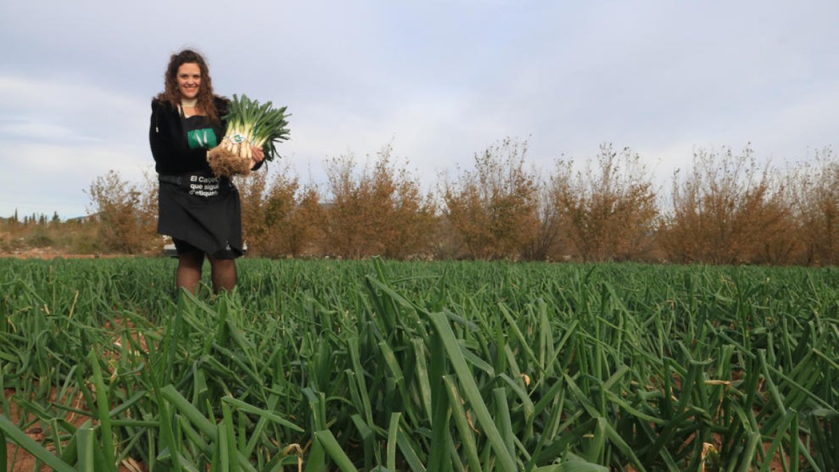 La pastissera Gessamí Caramés mostra el primer manat de calçots de la temporada a Valls.