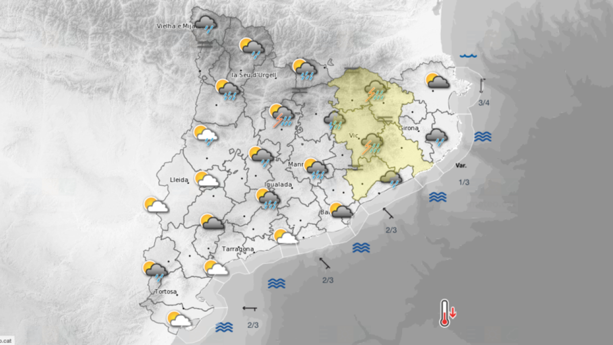 Imagen de la previsión del Meteocat para el domingo por la tarde, cuando las precipitaciones podrían realizar acto de presencia en toda Catalunya.