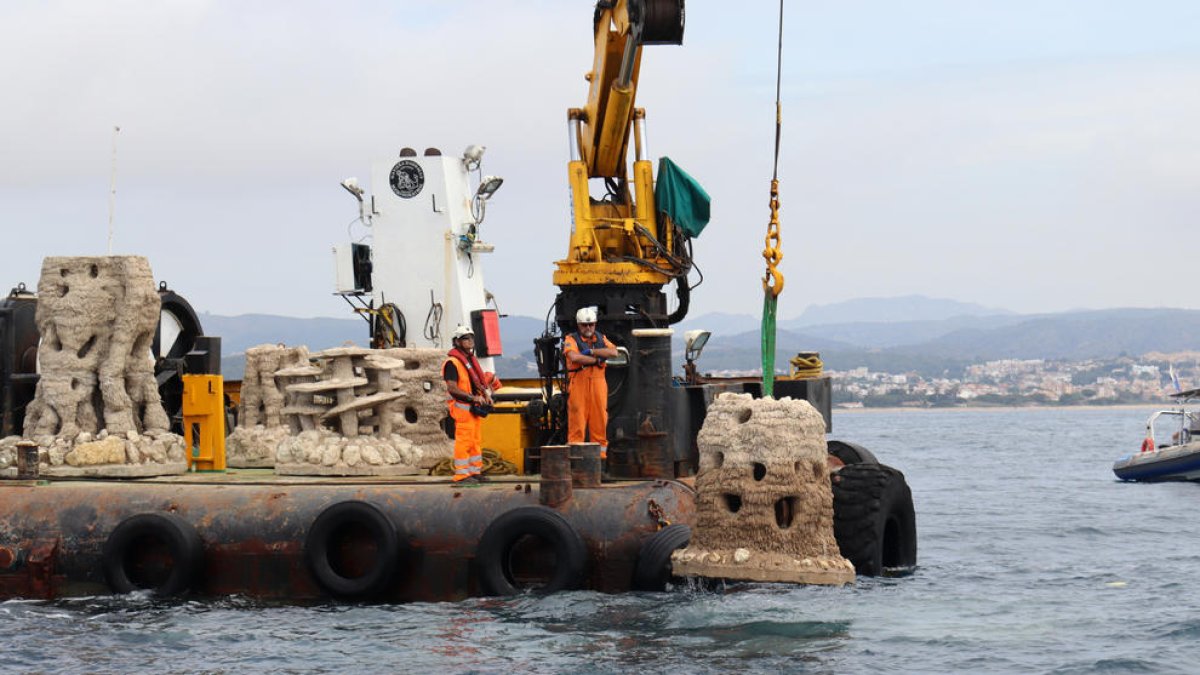 Dos operaris submergint un dels últims biòtops que vorejaran la primera muntanya marina construïda al Port de Torredembarra.