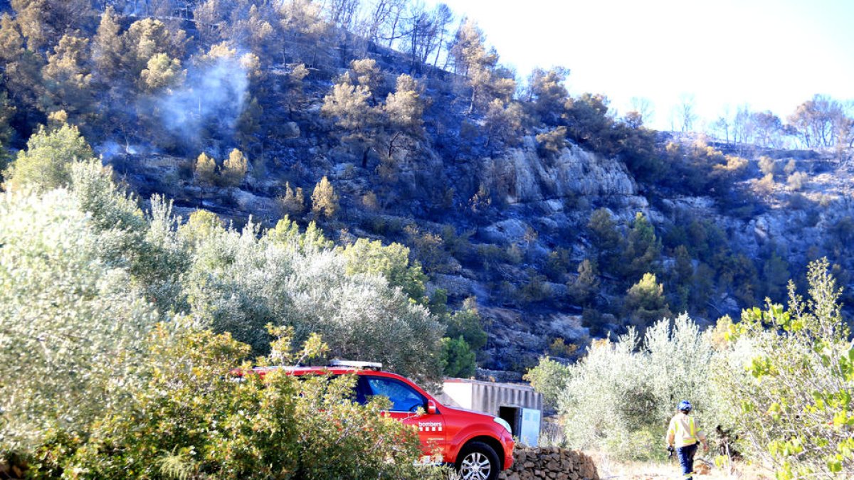 Un vehicle i un agent dels Bombers davant d'una zona cremada del Puig Moltó del Perelló encara fumejant.