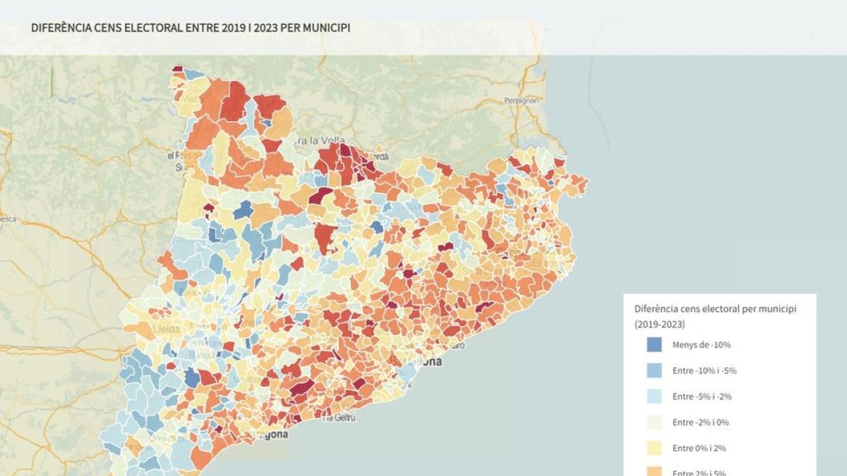 Mapa municipal de la diferència en el nombre de persones al cens electoral de les eleccions del 28-M comparat amb les locals de fa quatre anys

Data de publicació: dilluns 15 de maig del 2023, 06:00

Localització: Barcelona

Autor: Guifré Jordan