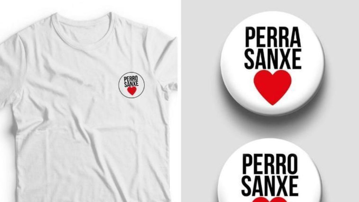 La camiseta y los pins que pueden adquirirse con el lema 'Perro Sanxe'.