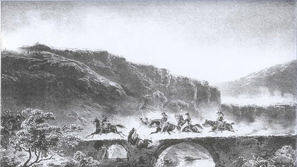 Gravat que reprodueix el pas de les tropes de Napoleó pel pont de Goi.