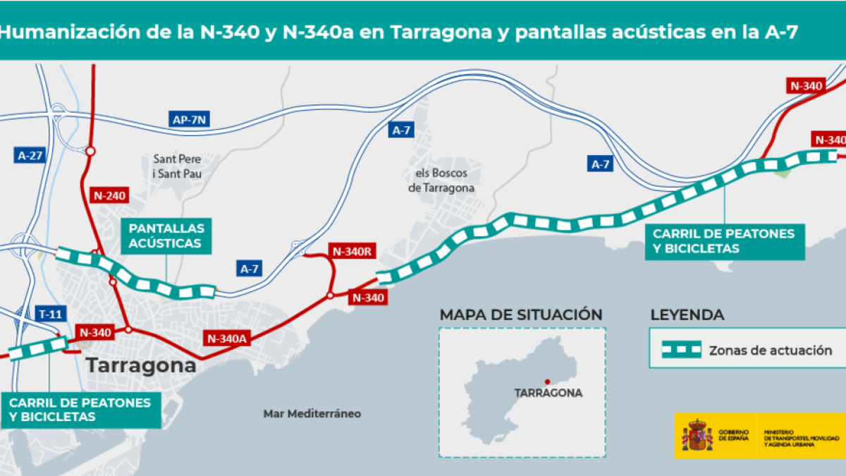 Mapa d'on se situaran els carrils de vianants i bicis i les pantalles acústiques a Tarragona.