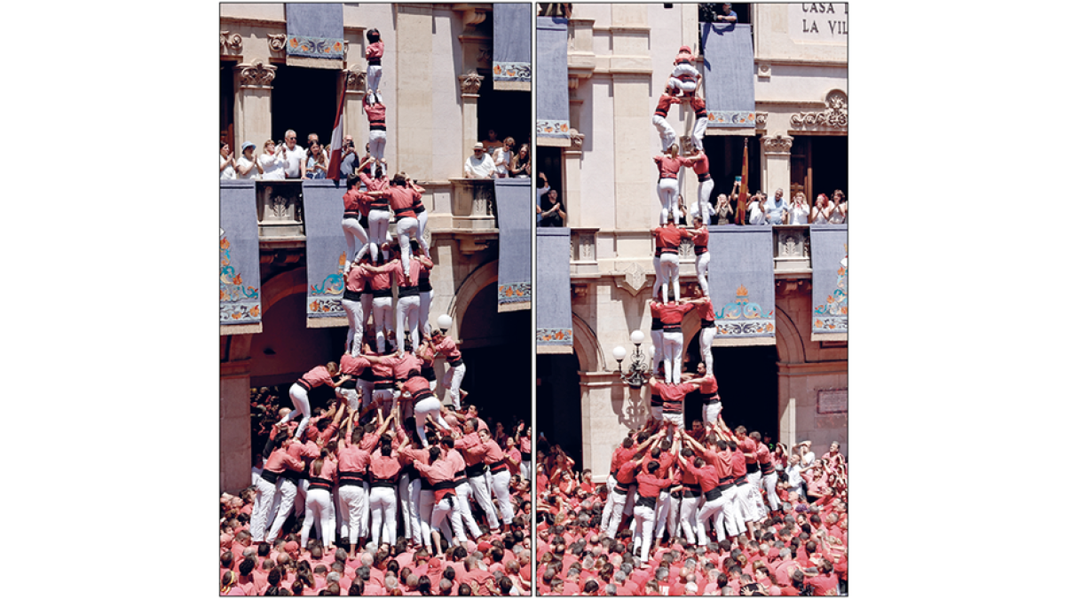 A l'esquerra el 4 de 9 amb folre i pilar de la Vella i, a la dreta, el 3 de 9 amb folre de la Joves.