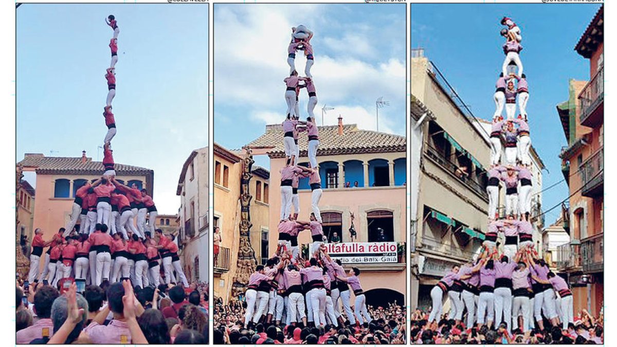 A l'esquerra, la Vella carregant el pilar de 8 amb folre i manilles. Al centre, els Xiquets fent un 3d9f i, a la dreta, la Jove el 3 de 9 amb folre, ambdós estrenats el cap de setmana.